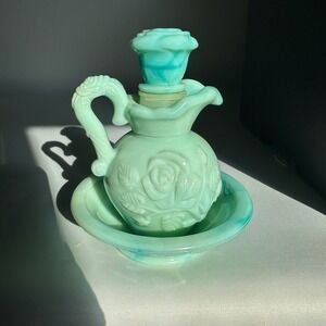1970's Vintage Avon Jadeite Green Swirl Milk Glass Mini Pitcher & Bowl Set